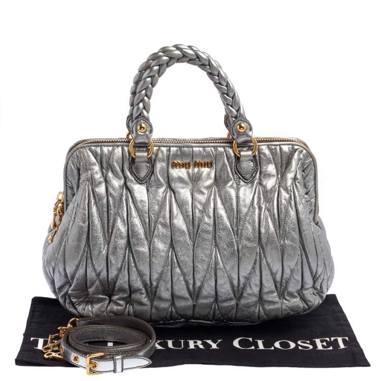 Pre Owned Miu Miu Metallic Grey Matelasse Leather Special Edition 08/08 Frame Satchel