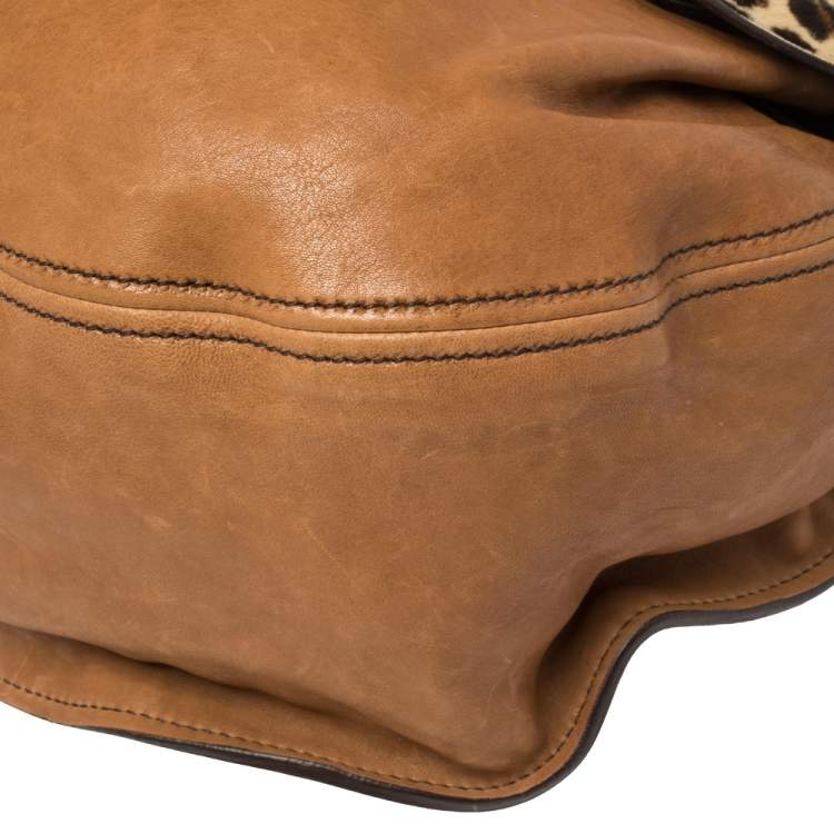 Pre Owned Miu Miu Tan/Beige Leopard Print Calfhair and Leather Flap Hobo 
