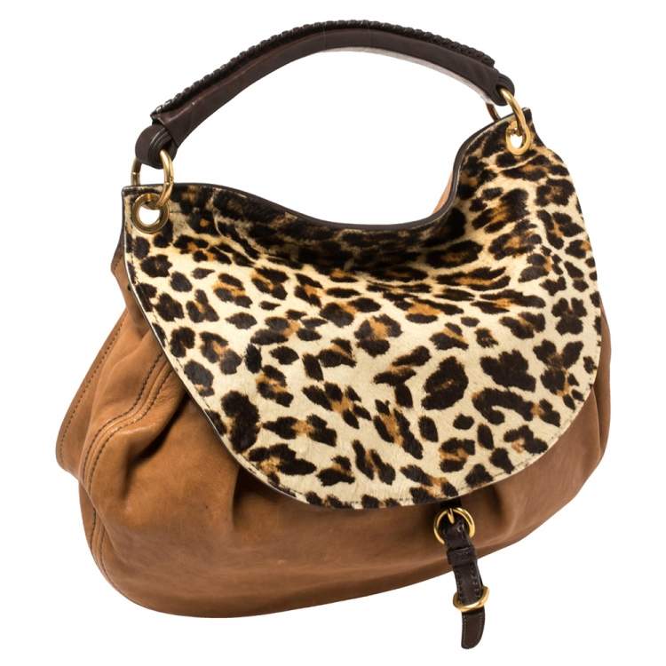 Pre Owned Miu Miu Tan/Beige Leopard Print Calfhair and Leather Flap Hobo 