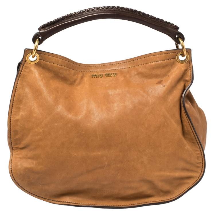 Pre Owned Miu Miu Tan/Beige Leopard Print Calfhair and Leather Flap Hobo 