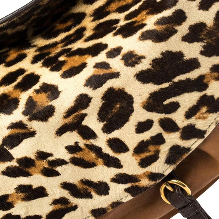 Pre Owned Miu Miu Tan/Beige Leopard Print Calfhair and Leather Flap Hobo 