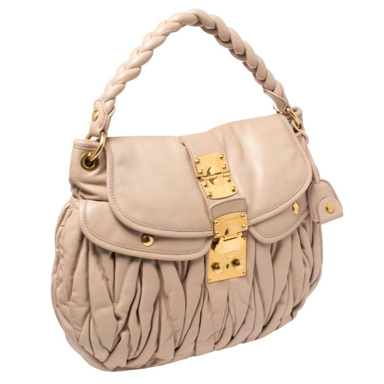Pre Owned Miu Miu Powder Pink Matelassé Leather Coffer Hobo