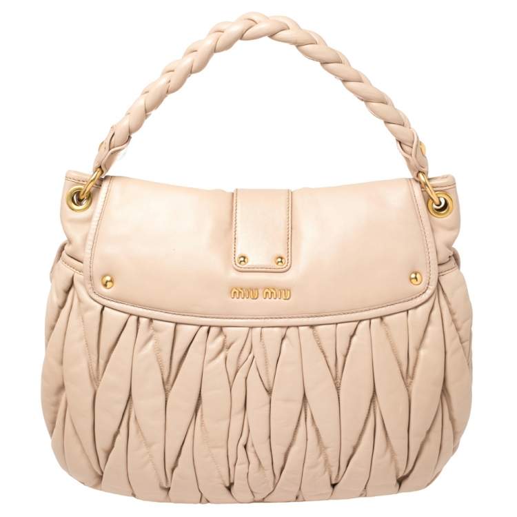 Pre Owned Miu Miu Powder Pink Matelassé Leather Coffer Hobo