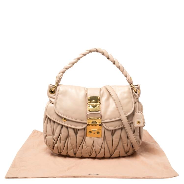 Pre Owned Miu Miu Powder Pink Matelassé Leather Coffer Hobo