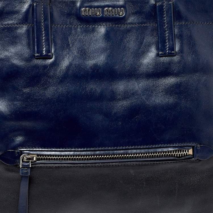 Pre Owned Miu Miu Blue/Black Vitello Soft Leather Shopper Tote