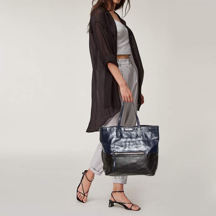 Pre Owned Miu Miu Blue/Black Vitello Soft Leather Shopper Tote