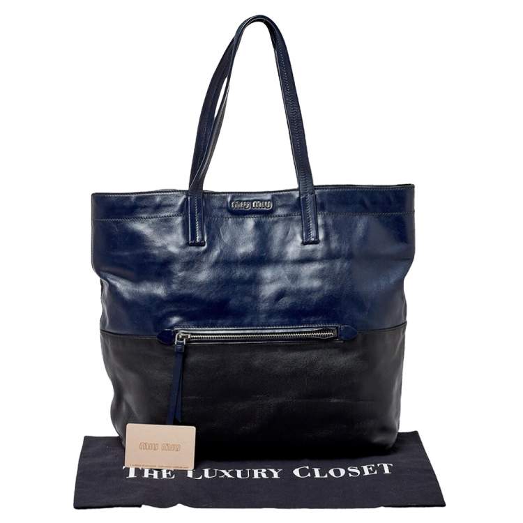 Pre Owned Miu Miu Blue/Black Vitello Soft Leather Shopper Tote