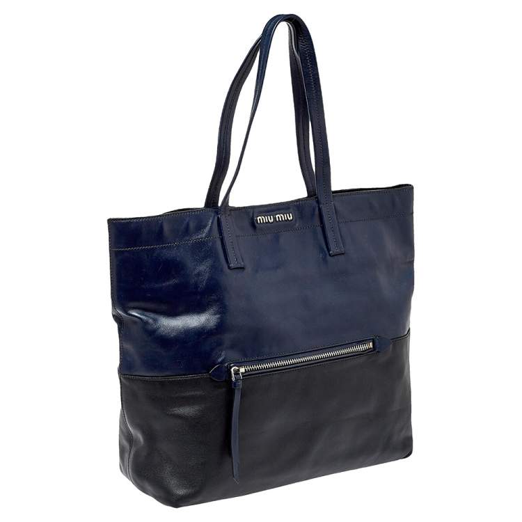 Pre Owned Miu Miu Blue/Black Vitello Soft Leather Shopper Tote