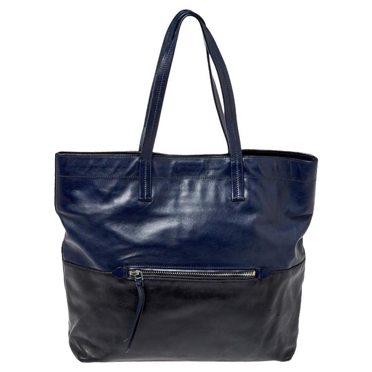 Pre Owned Miu Miu Blue/Black Vitello Soft Leather Shopper Tote