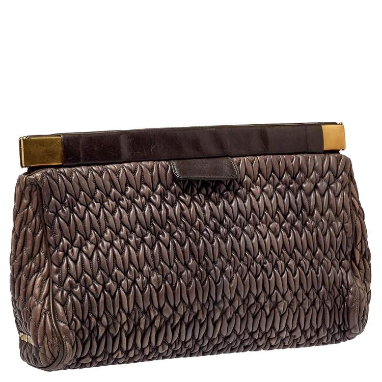 Pre Owned Miu Miu Brown Matelasse Leather Frame Clutch