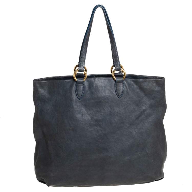 Pre Owned Miu Miu Dark Grey Leather Shopper Tote