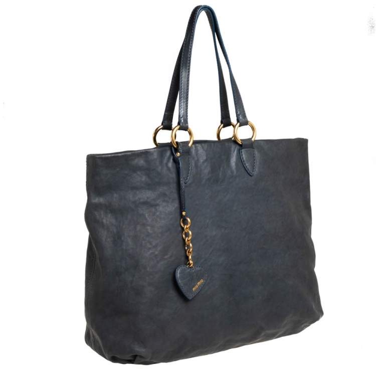 Pre Owned Miu Miu Dark Grey Leather Shopper Tote