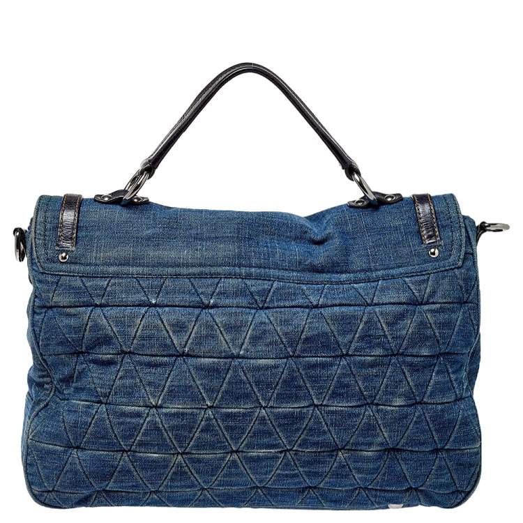 Pre Owned Miu Miu Blue Quilted Denim and Leather Paloma Top Handle Bag