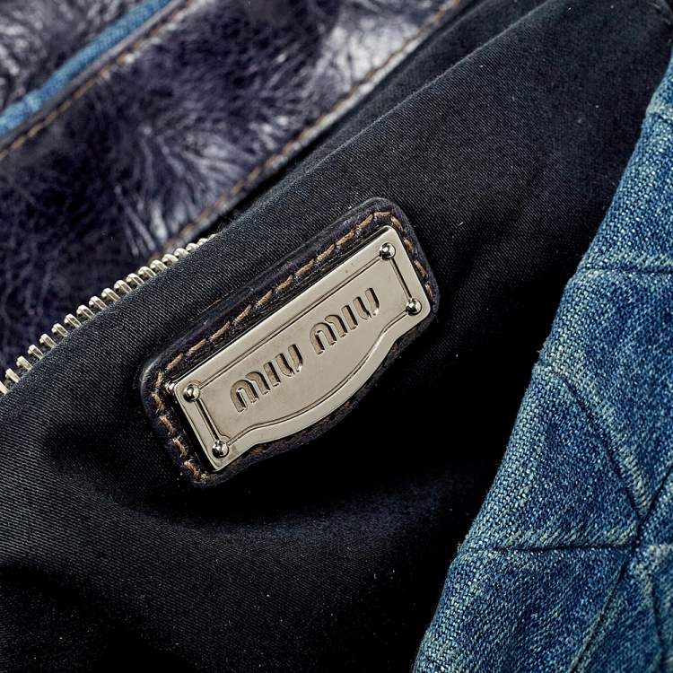 Pre Owned Miu Miu Blue Quilted Denim and Leather Paloma Top Handle Bag