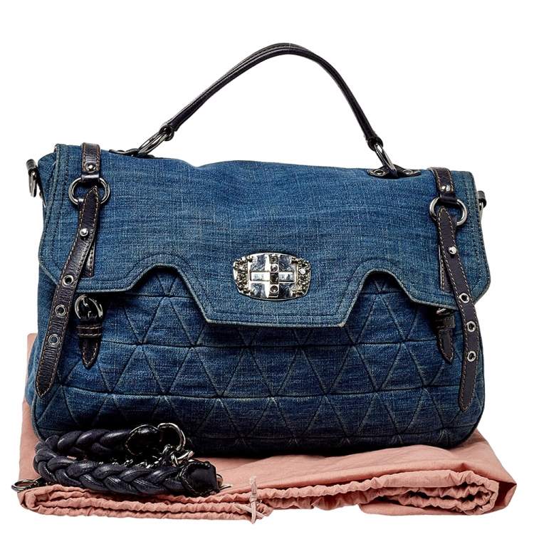 Pre Owned Miu Miu Blue Quilted Denim and Leather Paloma Top Handle Bag