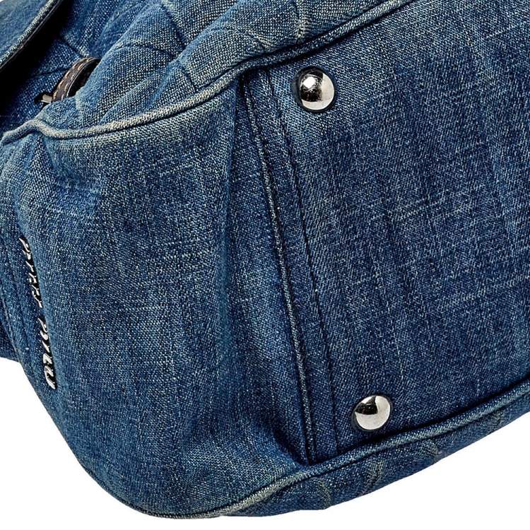 Pre Owned Miu Miu Blue Quilted Denim and Leather Paloma Top Handle Bag