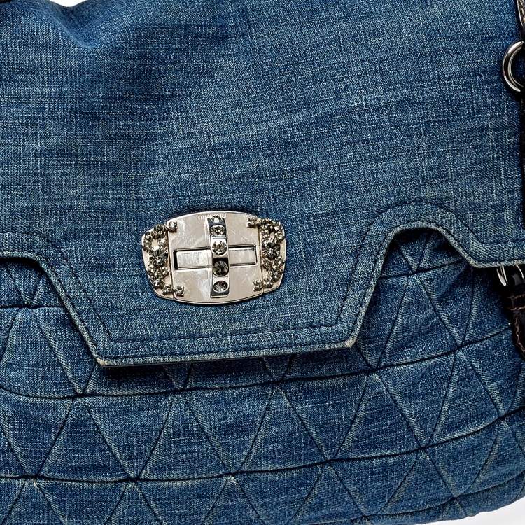 Pre Owned Miu Miu Blue Quilted Denim and Leather Paloma Top Handle Bag