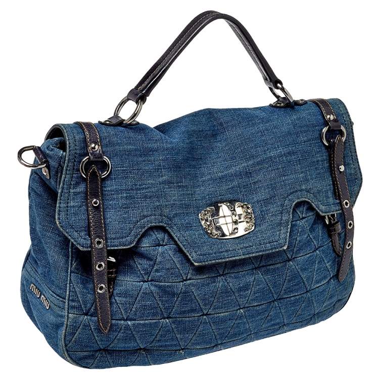Pre Owned Miu Miu Blue Quilted Denim and Leather Paloma Top Handle Bag