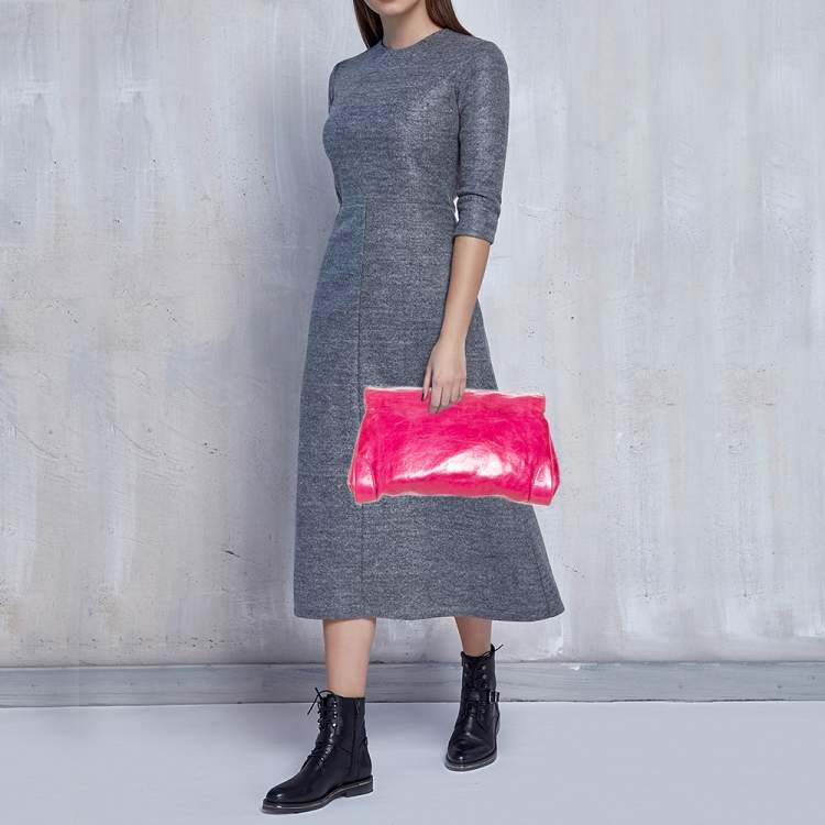 Pre Owned Miu Miu Fuchsia Crinkled Leather Clutch