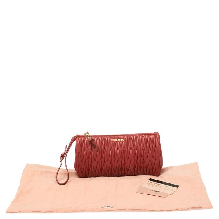 Pre Owned Miu Miu Red Matelasse Leather Wristlet Pouch