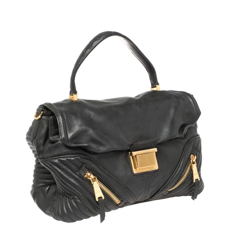 Pre Owned Miu Miu Black Quilted Leather Biker Top Handle Bag