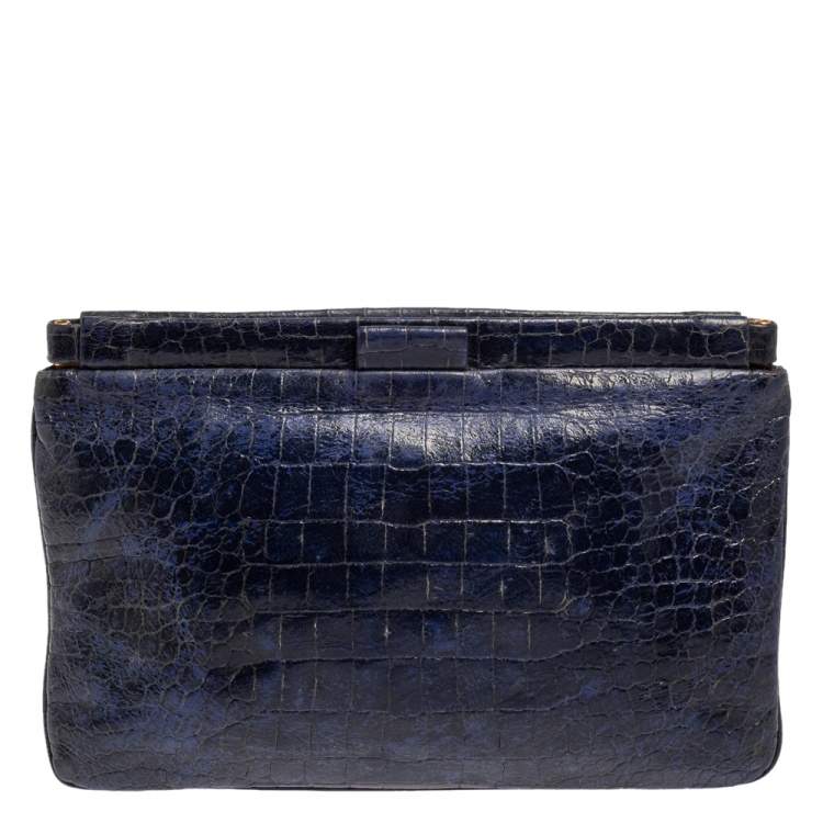 Pre Owned Miu Miu Blue Croc Embossed Patent Leather Frame Clutch