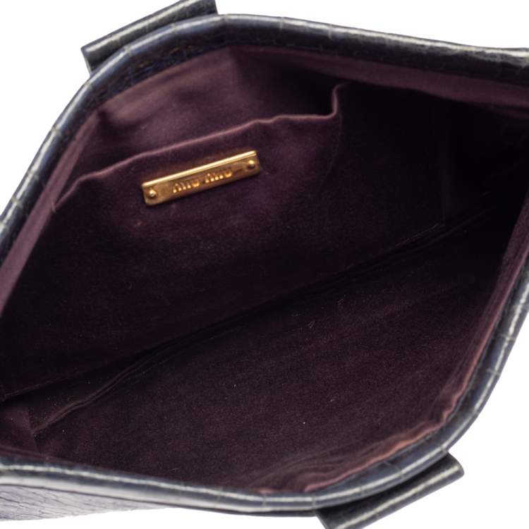 Pre Owned Miu Miu Blue Croc Embossed Patent Leather Frame Clutch
