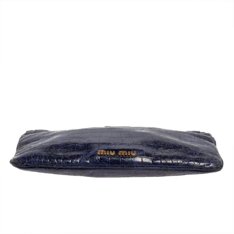 Pre Owned Miu Miu Blue Croc Embossed Patent Leather Frame Clutch
