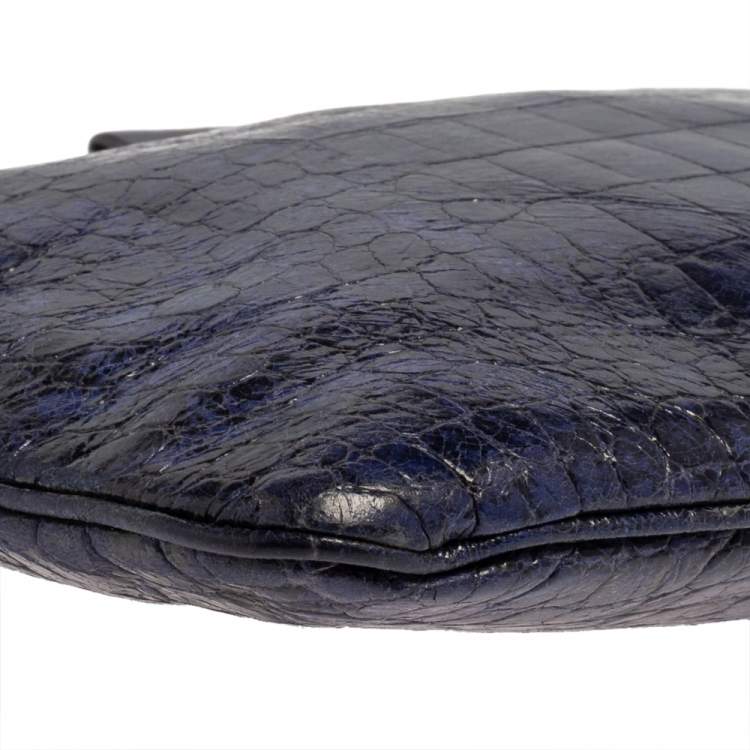 Pre Owned Miu Miu Blue Croc Embossed Patent Leather Frame Clutch