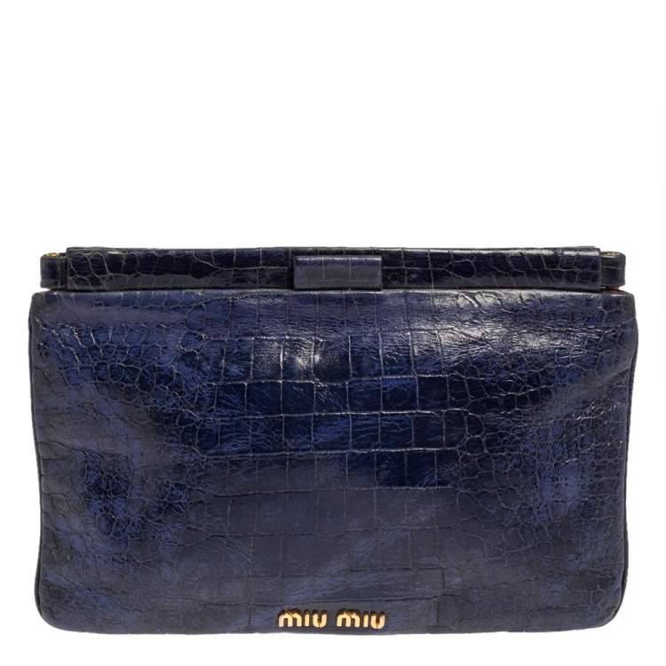 Pre Owned Miu Miu Blue Croc Embossed Patent Leather Frame Clutch