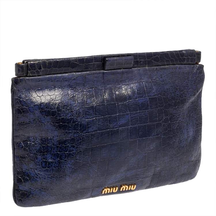 Pre Owned Miu Miu Blue Croc Embossed Patent Leather Frame Clutch