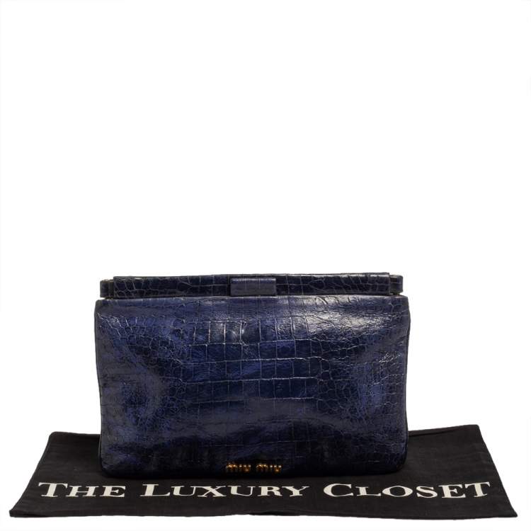 Pre Owned Miu Miu Blue Croc Embossed Patent Leather Frame Clutch