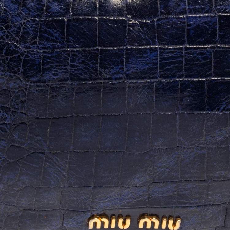 Pre Owned Miu Miu Blue Croc Embossed Patent Leather Frame Clutch