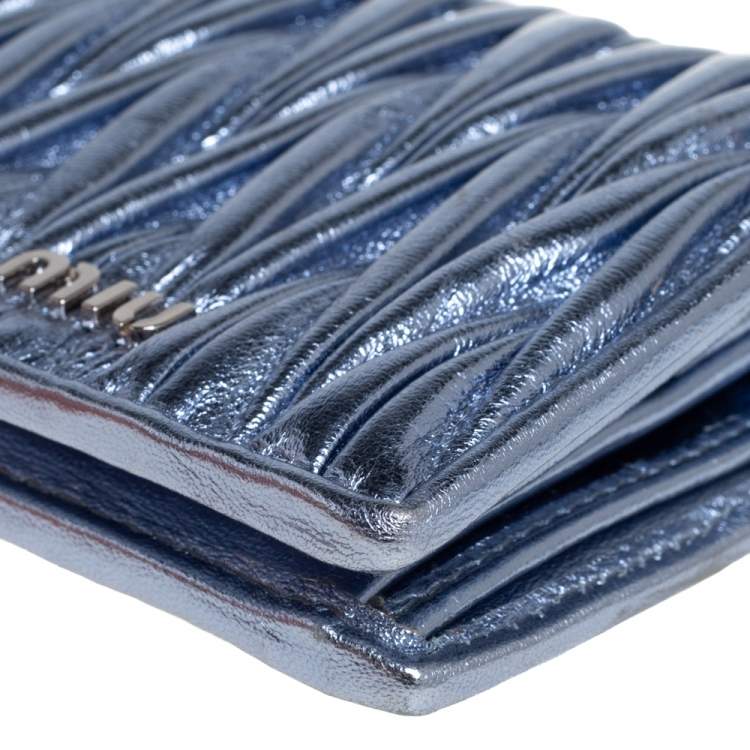 Pre Owned Miu Miu Metallic Blue Matelassé Leather Flap Compact Wallet