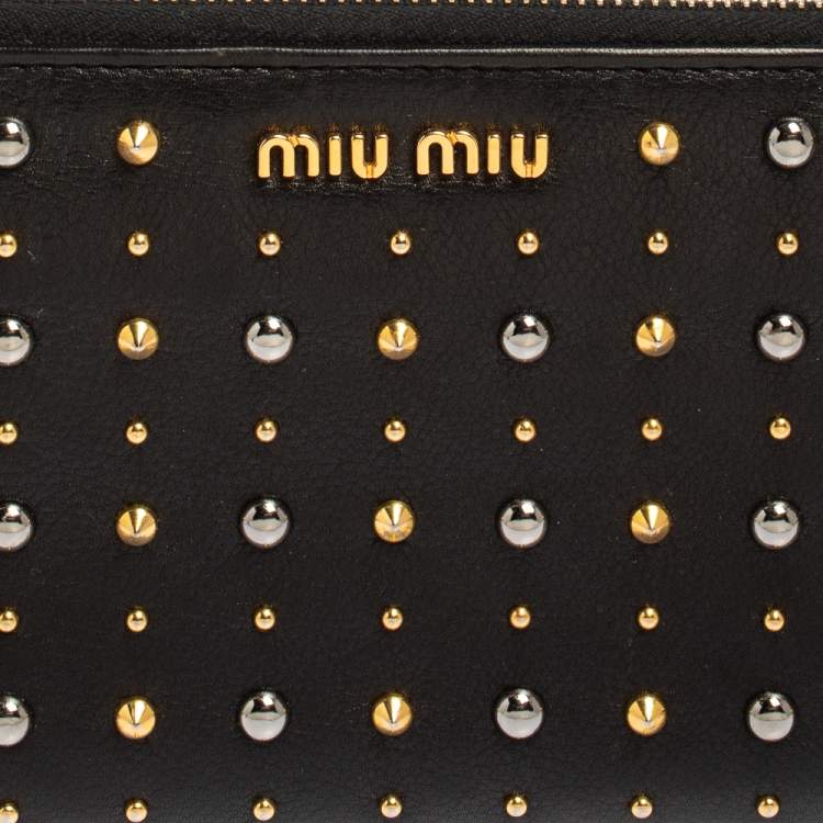 Pre Owned Miu Miu Black Leather Studded Zip Around Wallet
