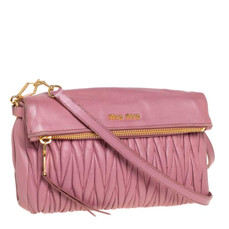 Pre Owned Miu Miu Pale Pink Matelassé Leather Fold Over Clutch Bag