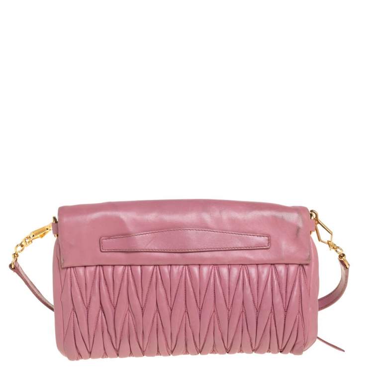 Pre Owned Miu Miu Pale Pink Matelassé Leather Fold Over Clutch Bag