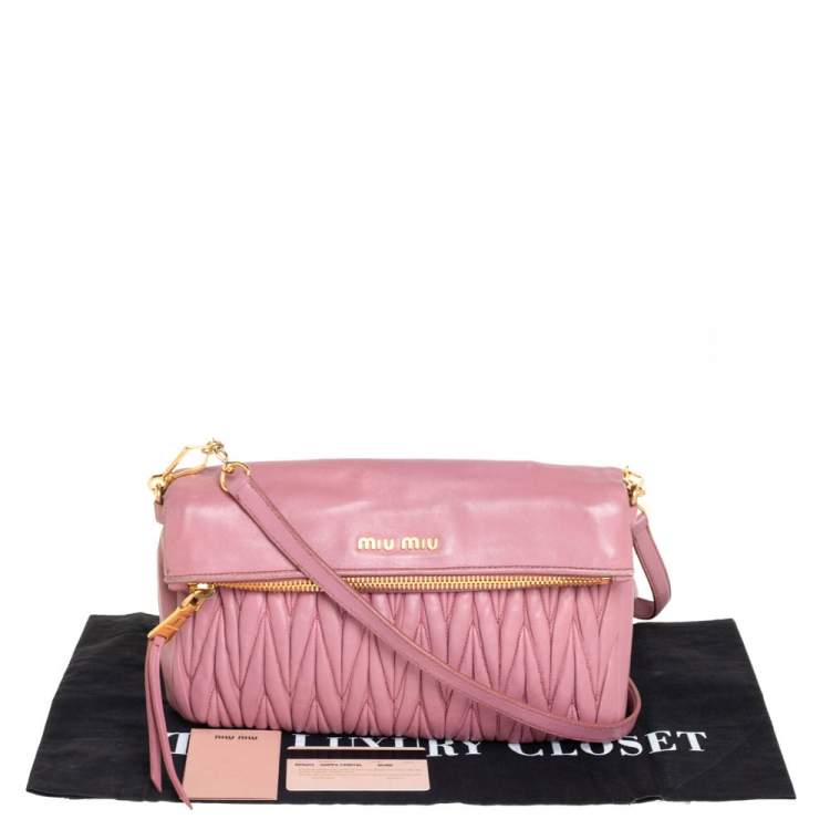 Pre Owned Miu Miu Pale Pink Matelassé Leather Fold Over Clutch Bag
