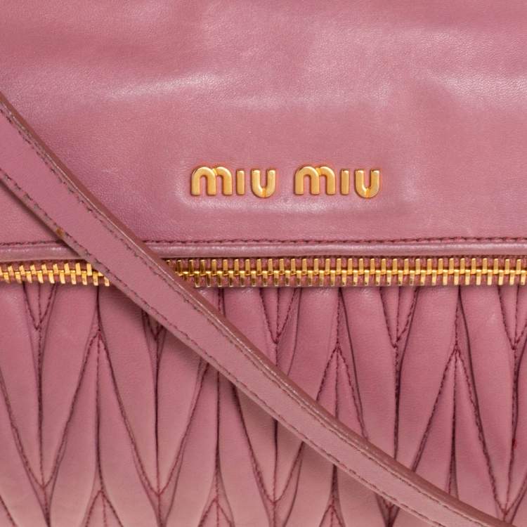 Pre Owned Miu Miu Pale Pink Matelassé Leather Fold Over Clutch Bag
