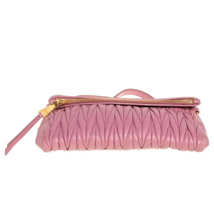 Pre Owned Miu Miu Pale Pink Matelassé Leather Fold Over Clutch Bag