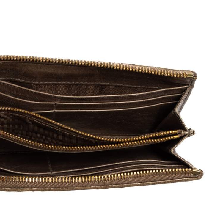Pre Owned Miu Miu Dark Beige Matelassé Leather Zip Around Continental Wallet