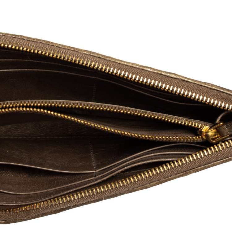Pre Owned Miu Miu Dark Beige Matelassé Leather Zip Around Continental Wallet