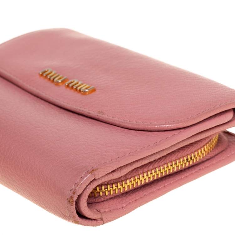 Pre Owned Miu Miu Pink Leather Madras Compact Wallet