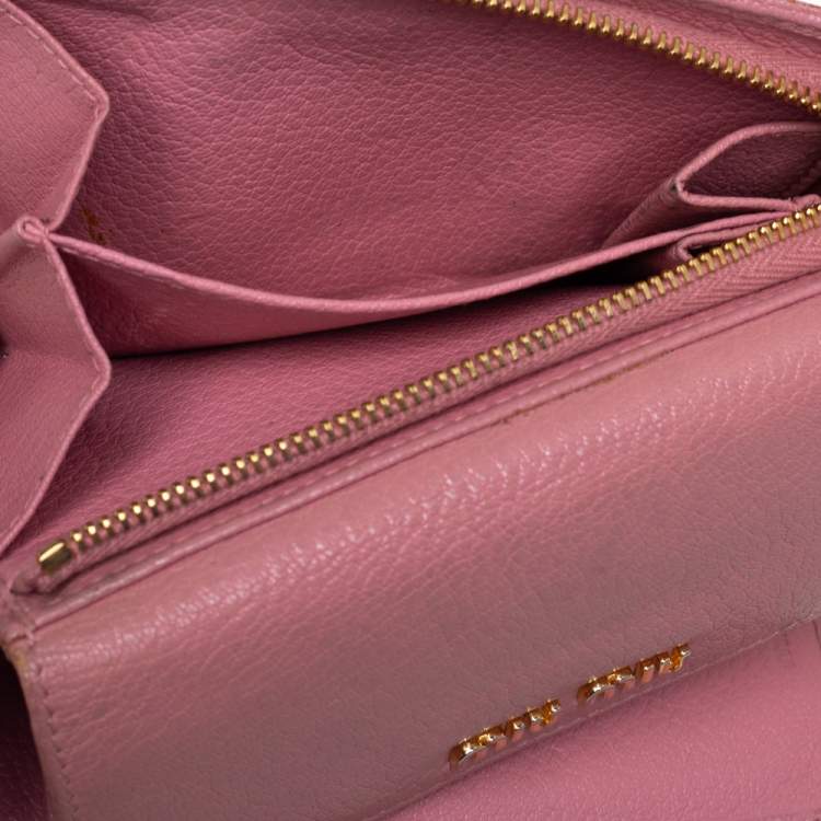 Pre Owned Miu Miu Pink Leather Madras Compact Wallet