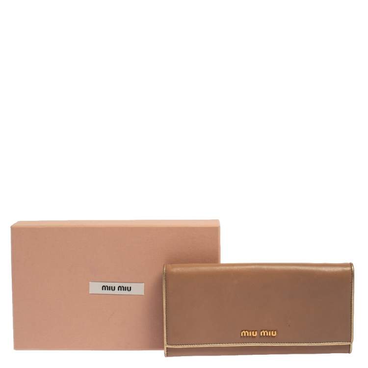 Pre Owned Miu Miu Beige/Gold Leather Logo Flap Continental Wallet