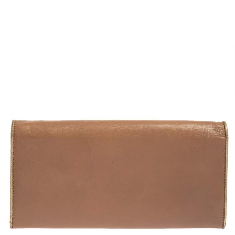 Pre Owned Miu Miu Beige/Gold Leather Logo Flap Continental Wallet