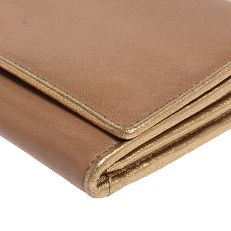 Pre Owned Miu Miu Beige/Gold Leather Logo Flap Continental Wallet