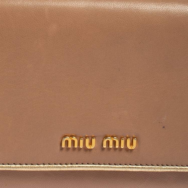 Pre Owned Miu Miu Beige/Gold Leather Logo Flap Continental Wallet