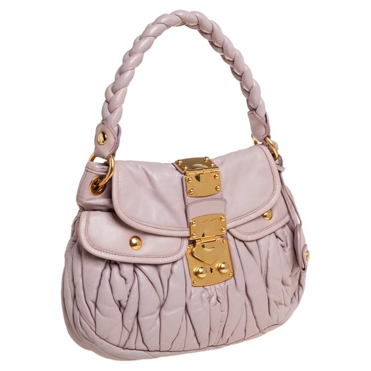 Pre Owned Miu Miu Pale Pink Matelassé Leather Small Coffer Hobo