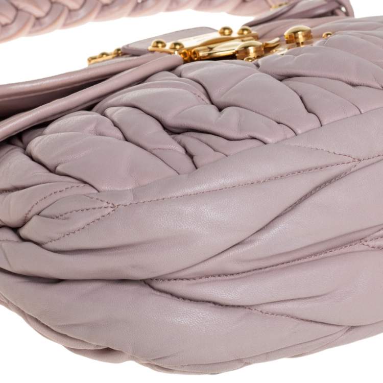 Pre Owned Miu Miu Pale Pink Matelassé Leather Small Coffer Hobo